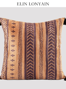 珑衍家居国风复古橘紫色提花流苏靠垫抱枕样板房酒店民宿沙发方枕