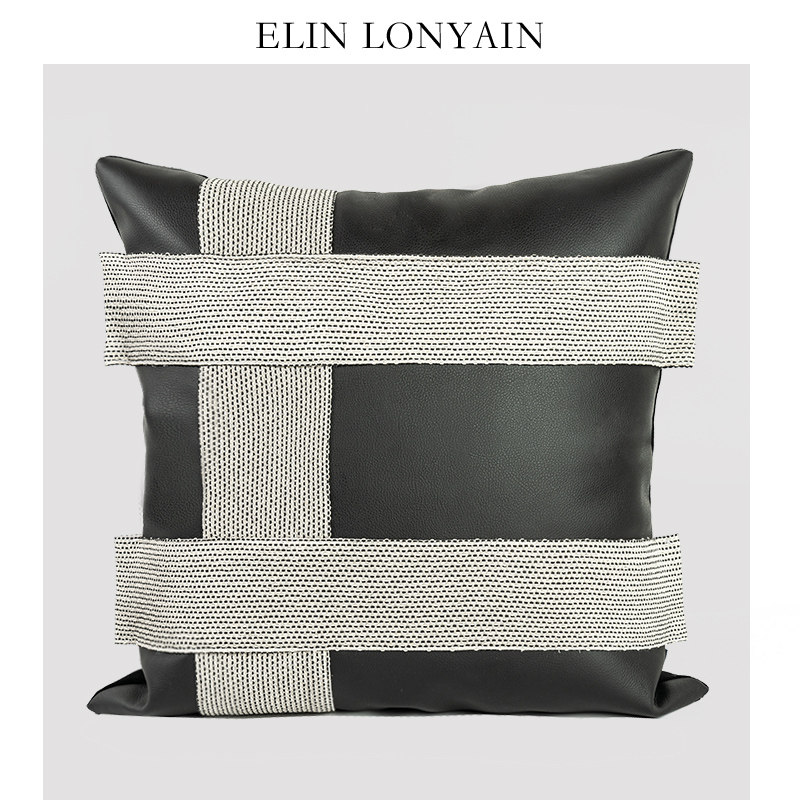 珑衍家居现代简约黑色皮质肌理编织靠垫抱枕样板房客厅沙发方枕