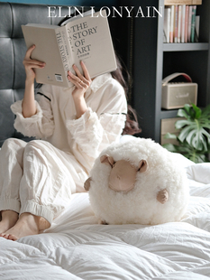 LONYAIN白色真皮羊羔羊毛圆形羊球抱枕客厅可爱玩偶公仔靠枕 ELIN