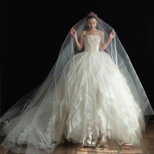 通透质感韩国纱柔和米色硬纱新娘拍照写真长头纱旅拍头饰旅拍道具