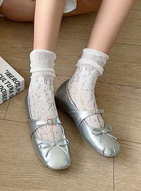 蕾丝袜子女夏季薄款镂空宽松中筒堆堆袜白色芭蕾风小腿袜短袜黑色
