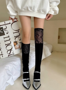 拼接过膝长筒袜配小皮鞋黑色夏季堆堆袜芭蕾风及膝袜子女小腿袜白