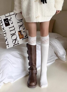 白色纯欲风袜子女春夏拼接蕾丝堆堆袜配长靴及膝小腿袜jk黑色靴袜