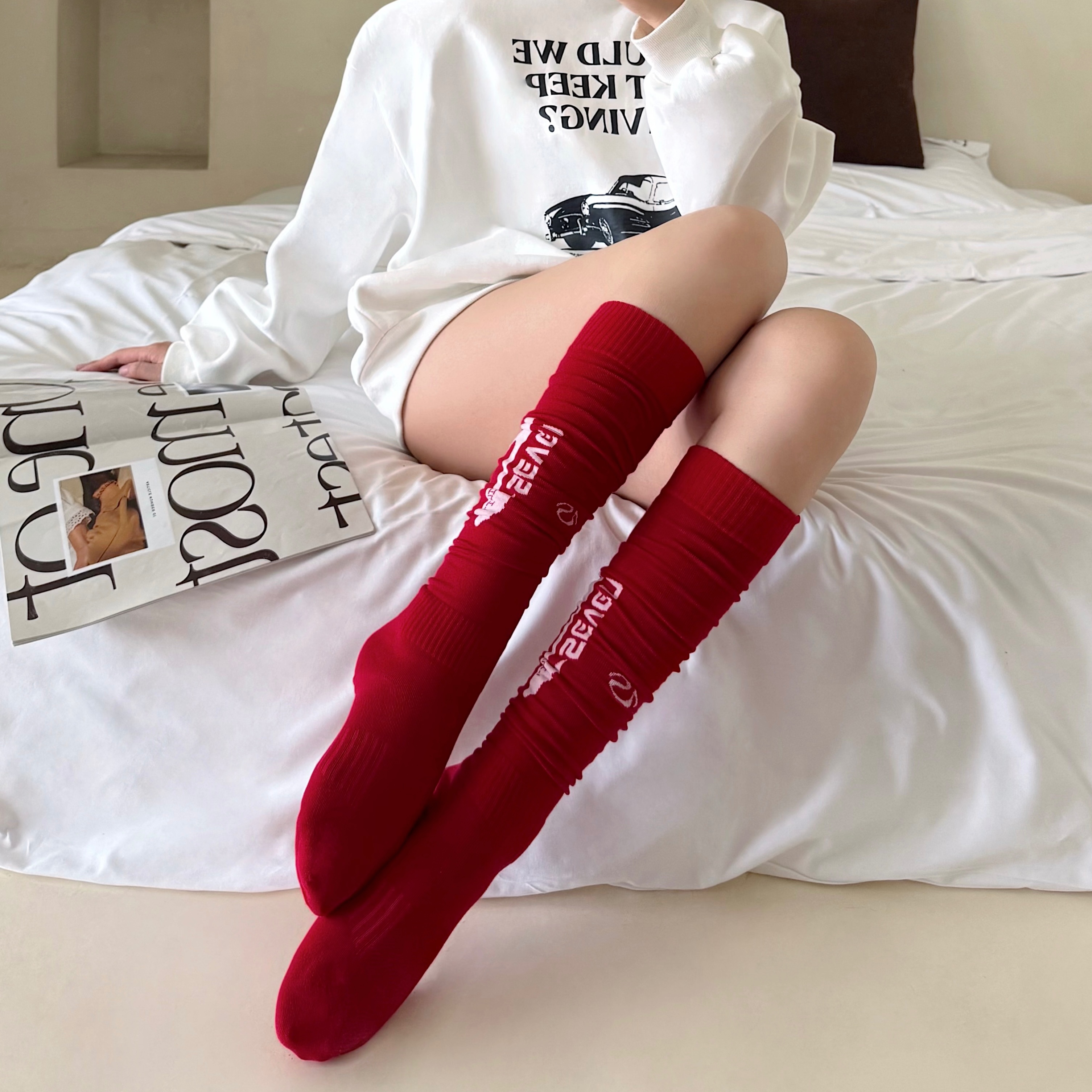 设计感纯色字母袜子女复古运动风堆堆袜辣妹过膝小腿袜长筒足球袜