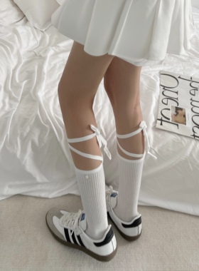 jk系带黑色秋季袜子女中筒堆堆袜纯色美式绑带小腿袜学院风棉袜白
