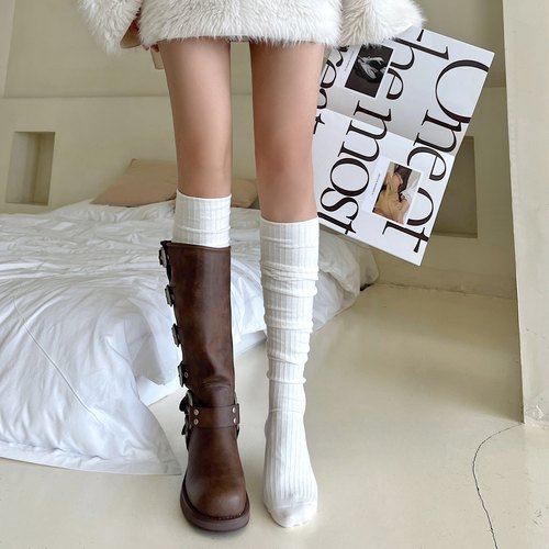 春秋款长筒袜白色堆堆袜子女搭配小皮鞋新款中筒小腿袜棉jk靴袜