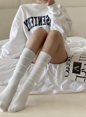 白色及膝长筒袜秋季显瘦薄款中筒棉袜针织透气jk小腿袜纯欲堆堆袜