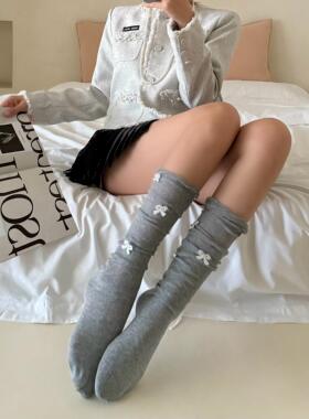 miu袜子女款甜美蝴蝶结堆堆袜配小皮鞋宽松灰色小腿袜拼接中筒袜