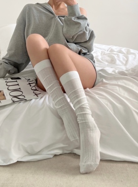 miu小腿袜女春夏款日系JK中筒袜黑白灰色透气百搭棉竖条堆堆袜