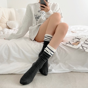 假两件拼接中筒袜ins简约宽松堆堆袜新款显瘦小腿袜女春秋y2k棉袜