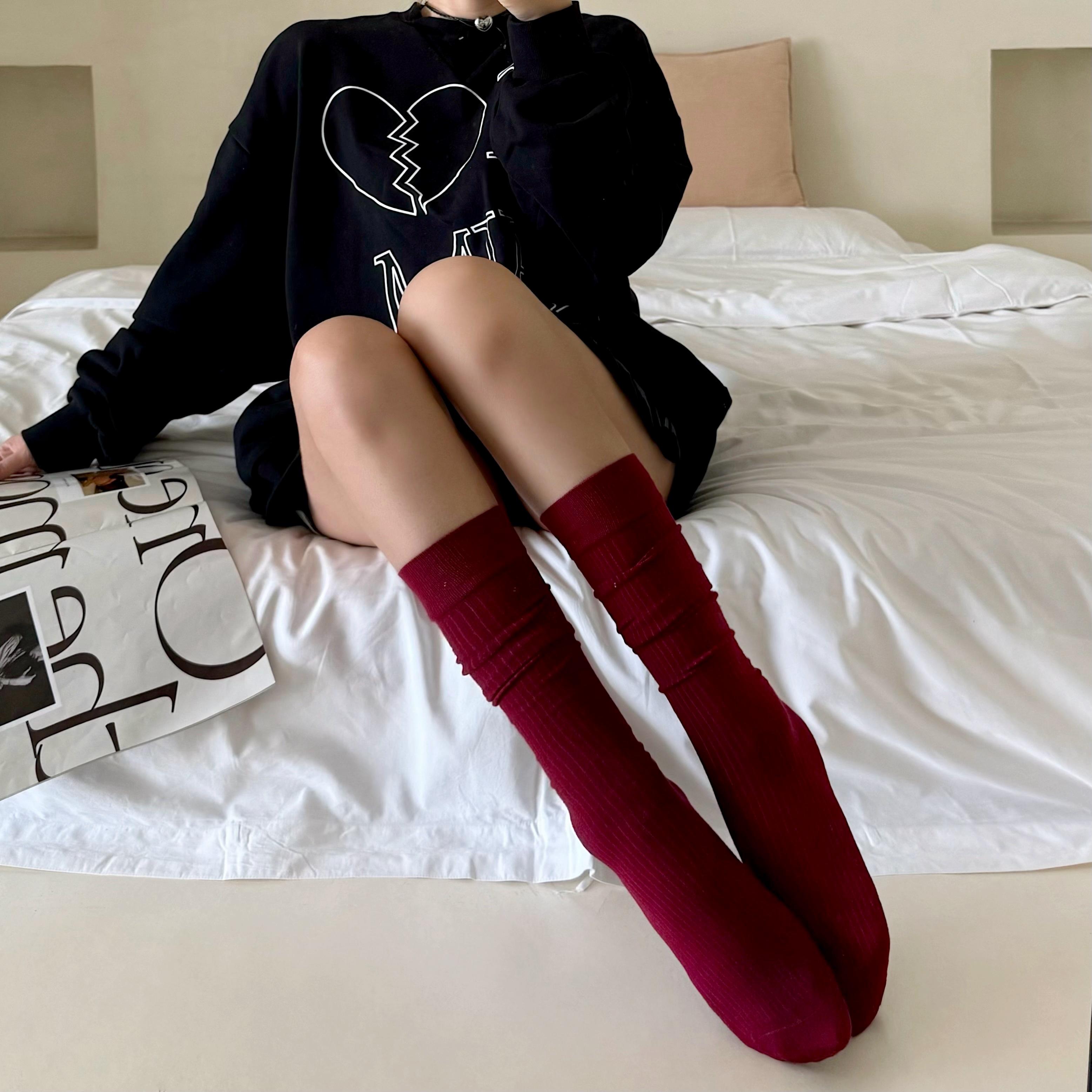 安可拉红长筒袜女秋冬复古堆堆袜