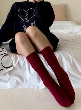 安可拉红长筒袜女春秋复古及膝堆堆袜酒红色jk小腿袜中筒百搭棉袜