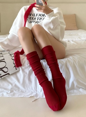 新年圣诞红袜子女新款爆款秋冬堆堆袜本命年中筒小腿袜配小皮鞋棉