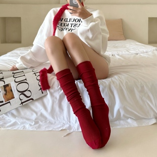棉 秋冬堆堆袜本命年中筒小腿袜配小皮鞋 新年圣诞红袜子女新款 爆款