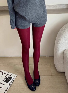 氛围感穿搭圣诞红色连裤袜秋冬miu系竖条纹打底袜安可拉红打底裤