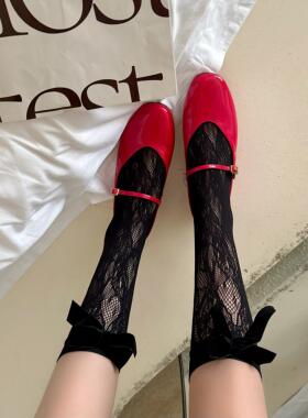 小香风丝绒蝴蝶结袜子女jk蕾丝镂空小腿袜黑色中筒堆堆袜白色纯欲