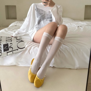 白色芭蕾风袜子女夏薄款蕾丝堆堆袜甜美镂空中筒jk小腿袜配小皮鞋