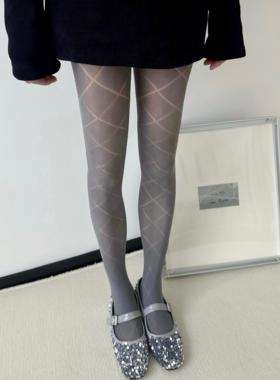 灰色miu系菱格打底袜女丝袜春夏薄款显瘦连裤袜y2k辣妹白色裤袜