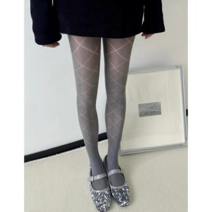 灰色miu系菱格打底袜女丝袜春夏薄款显瘦连裤袜y2k辣妹白色裤袜