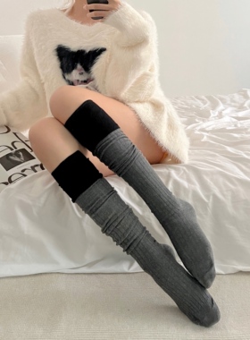 长筒袜女春夏过膝袜日系jk加厚拼接小腿袜显瘦黑色堆堆袜大腿长袜