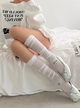 白色芭蕾风网纱小腿袜棉夏季薄款女堆堆袜黑色防晒透气及膝长筒袜