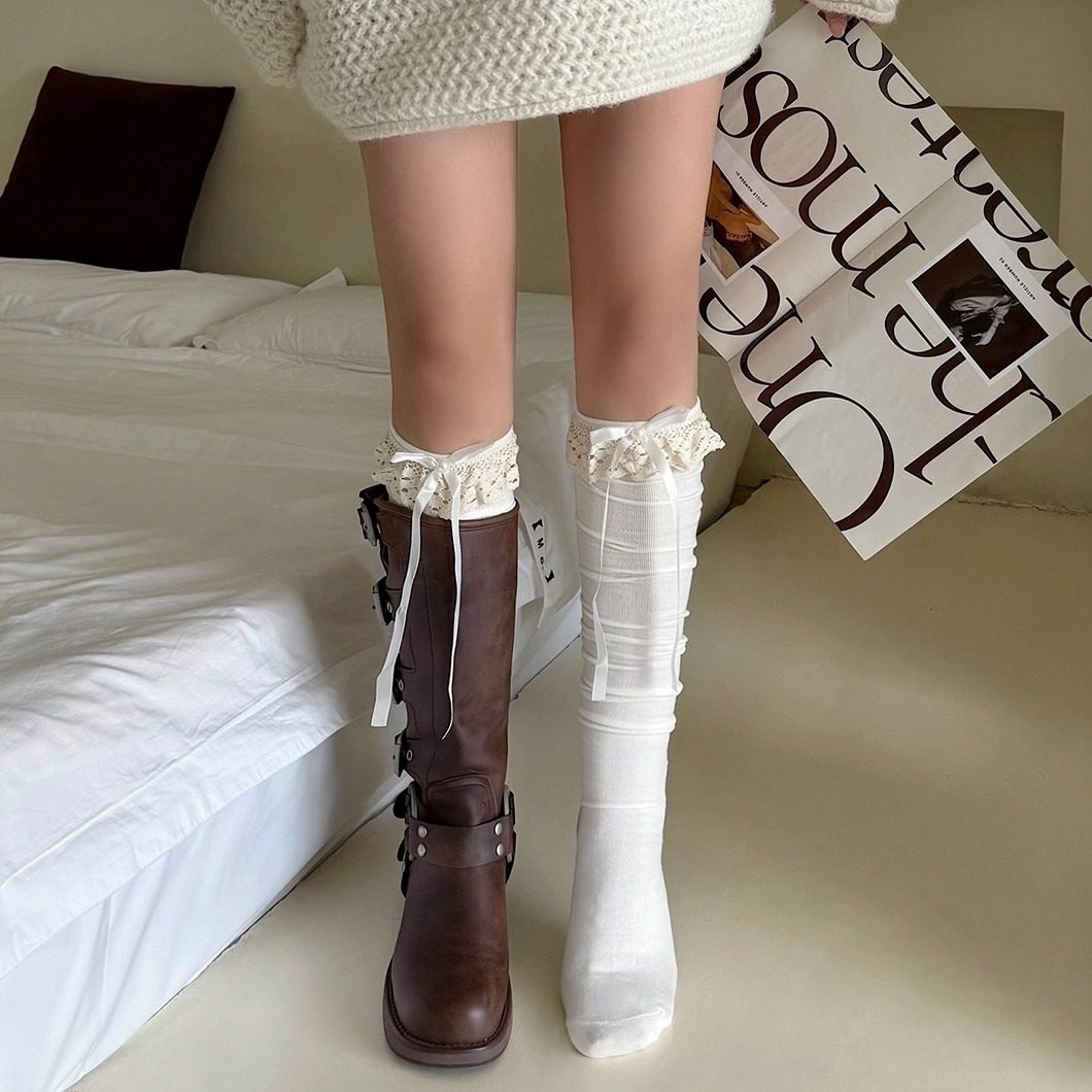 白色长筒过膝袜子女秋冬加长靴袜荷叶边jk小腿袜丝带蝴蝶结堆堆袜,女士内衣/男士内衣/家居服,长筒袜,淘宝优惠券,粉丝福利购,淘宝优惠卷