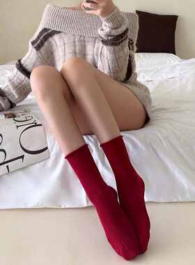 本命年红色袜子女秋冬卷边中筒袜圣诞氛围感安可拉红堆堆袜配皮鞋