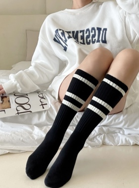 长筒袜女夏季日系学院风堆堆袜条纹复古拼接中筒ins风棉袜小腿袜