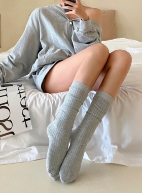 袜子女中筒袜灰色堆堆袜jk竖条百搭纯色小腿袜秋季长筒白色棉袜