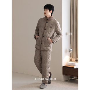 睡衣男士冬季珊瑚绒三层加厚加绒羽绒布夹棉秋冬款超厚棉袄家居服