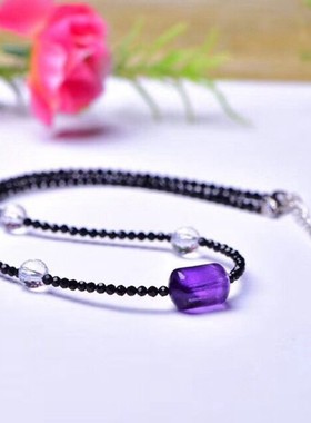 亮晶阁 天然黑尖晶锁骨链 加紫晶转运原创设计 2MM项链