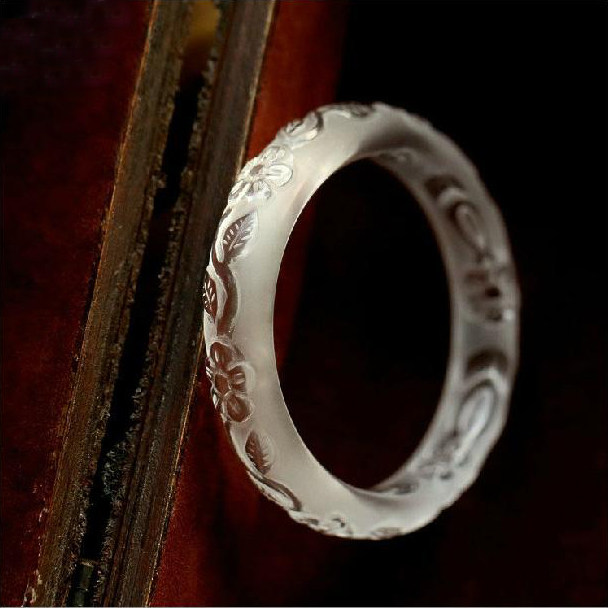 5a级全晶体精雕天然白水晶手镯雕花磨砂手镯花开富贵送母亲送爱人