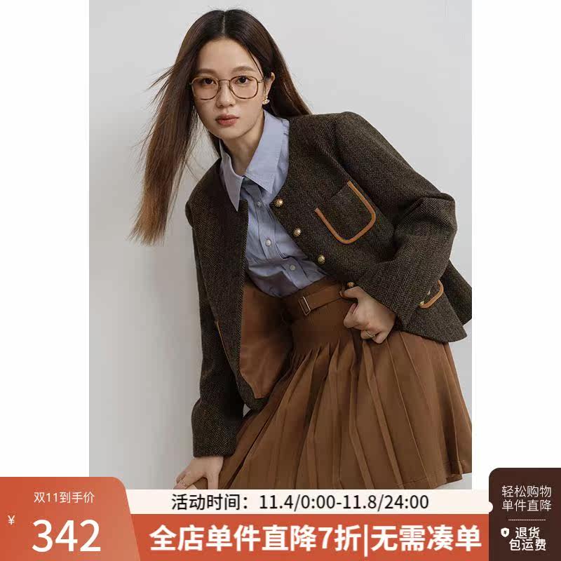 独束大码女装撞色圆领复古单面呢外套冬装新款彩色人字呢羊毛外套高性价比高么？