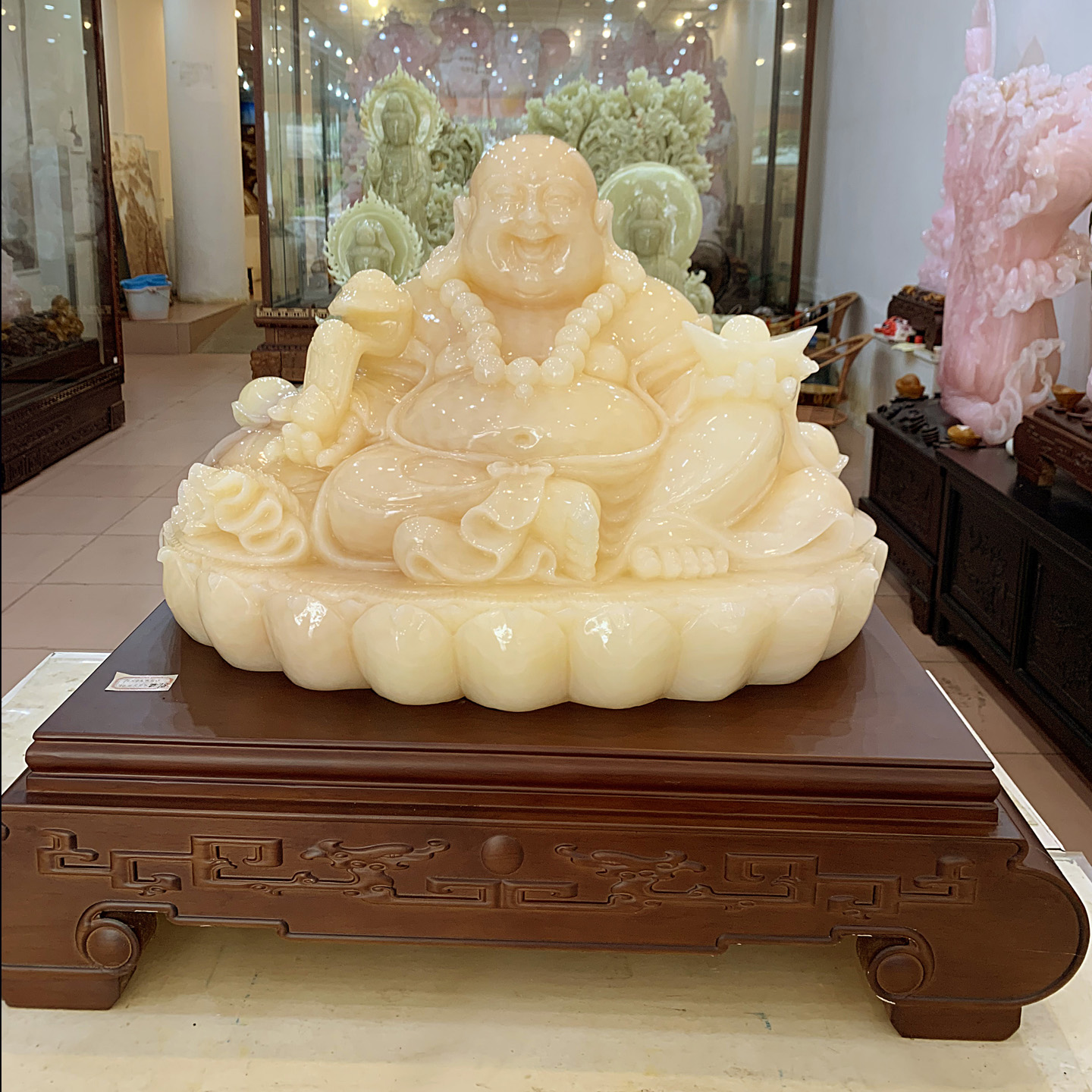 天然玉石蜜桃玉黄玉弥勒佛金黄佛公如意发财佛居家客厅摆件包证书