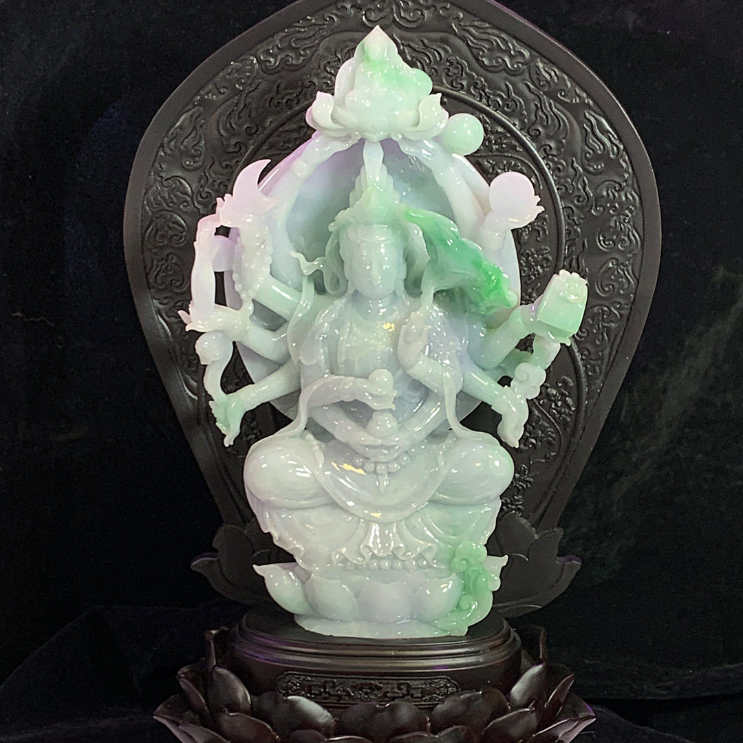 缅甸玉千手观音雕件飘绿翡翠玉摆件座莲花观音菩萨居家供奉包证书