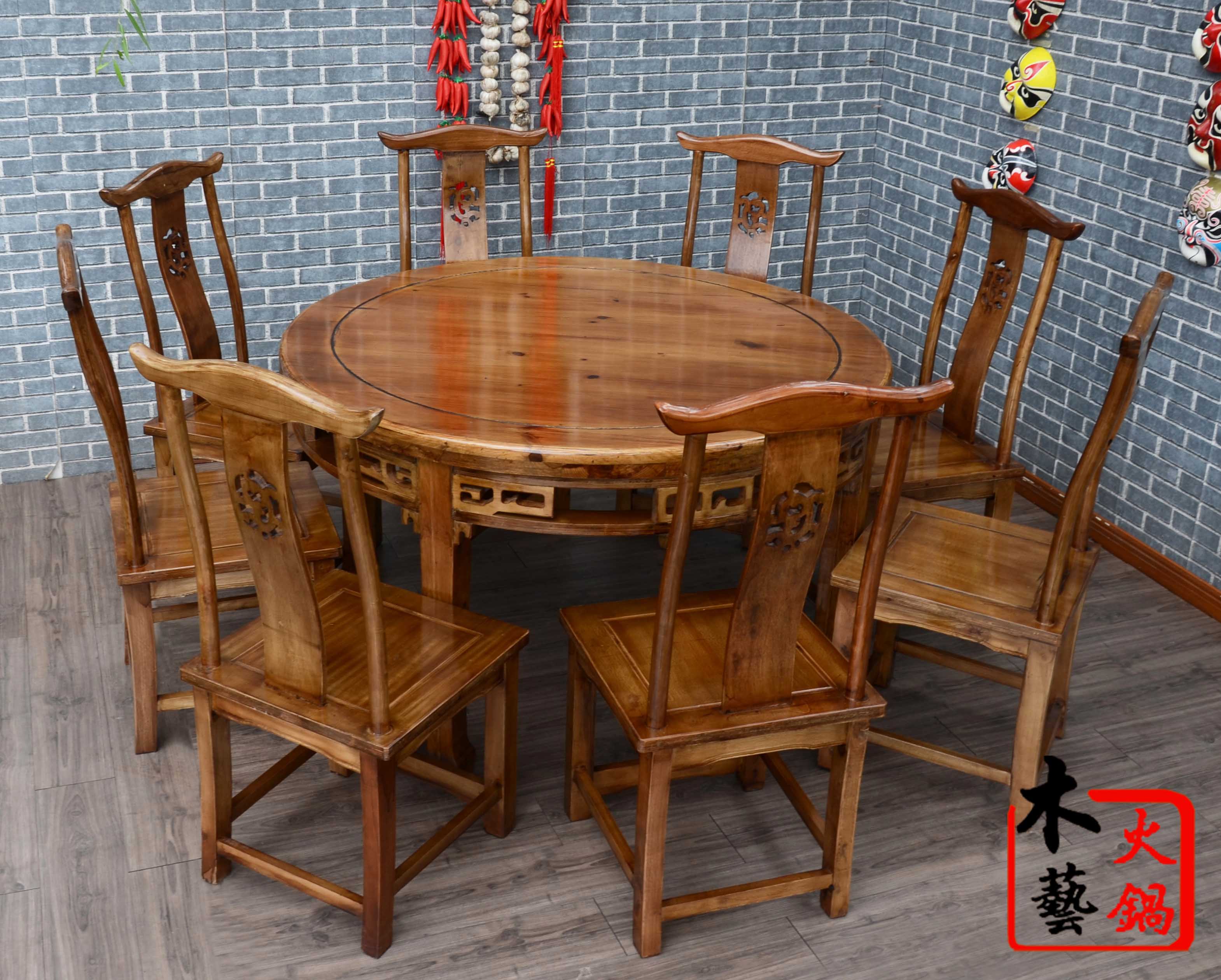 中式餐厅饭店桌椅实木餐桌椅组合仿古户外农家乐大圆桌八仙桌