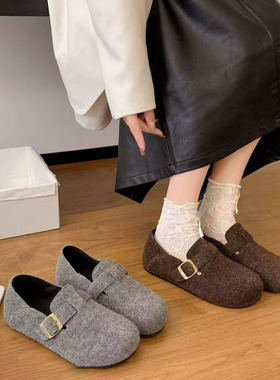 灰色羊毛毡勃肯鞋女2025年春秋新款软底全包复古女士豆豆博肯单鞋