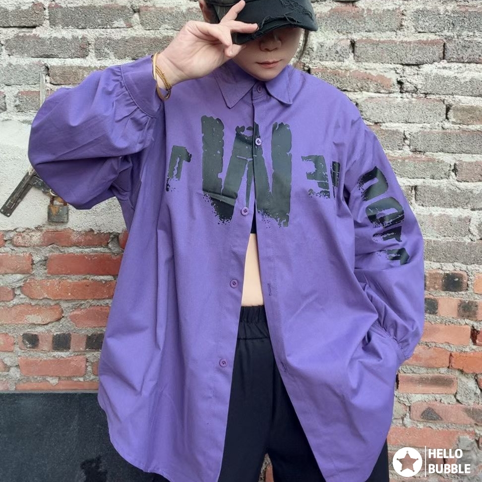 2025新款曳步舞长袖男女同款水洗棉衬衫印花字母街舞爵士广场舞潮