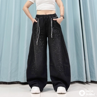 秋冬新款曳步舞宽松时尚男女同款长牛仔棉裤烫钻街舞爵士亮晶晶棉