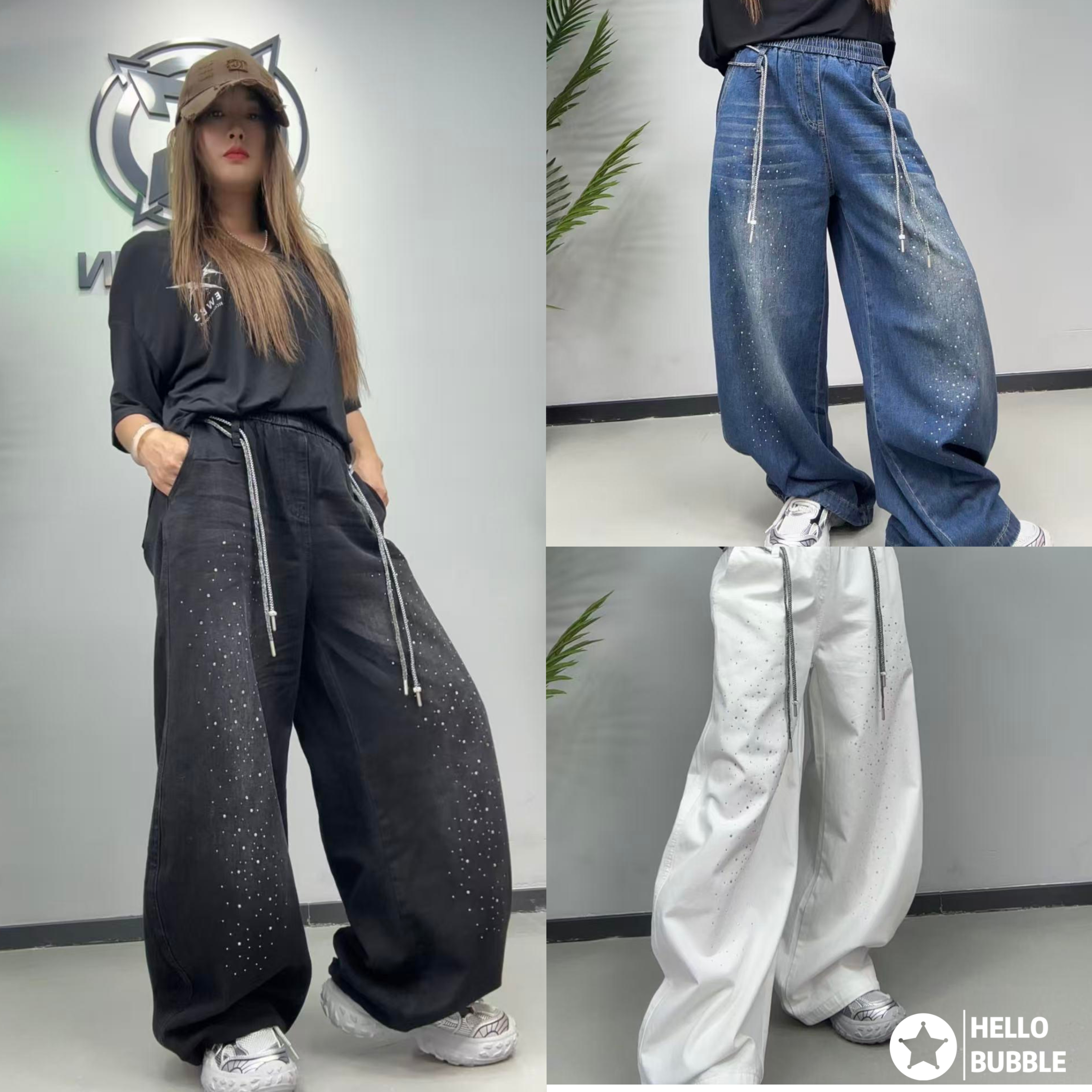 2025新款曳步舞时尚烫钻牛仔裤街舞爵士广场舞队服宽松舒适亮晶晶