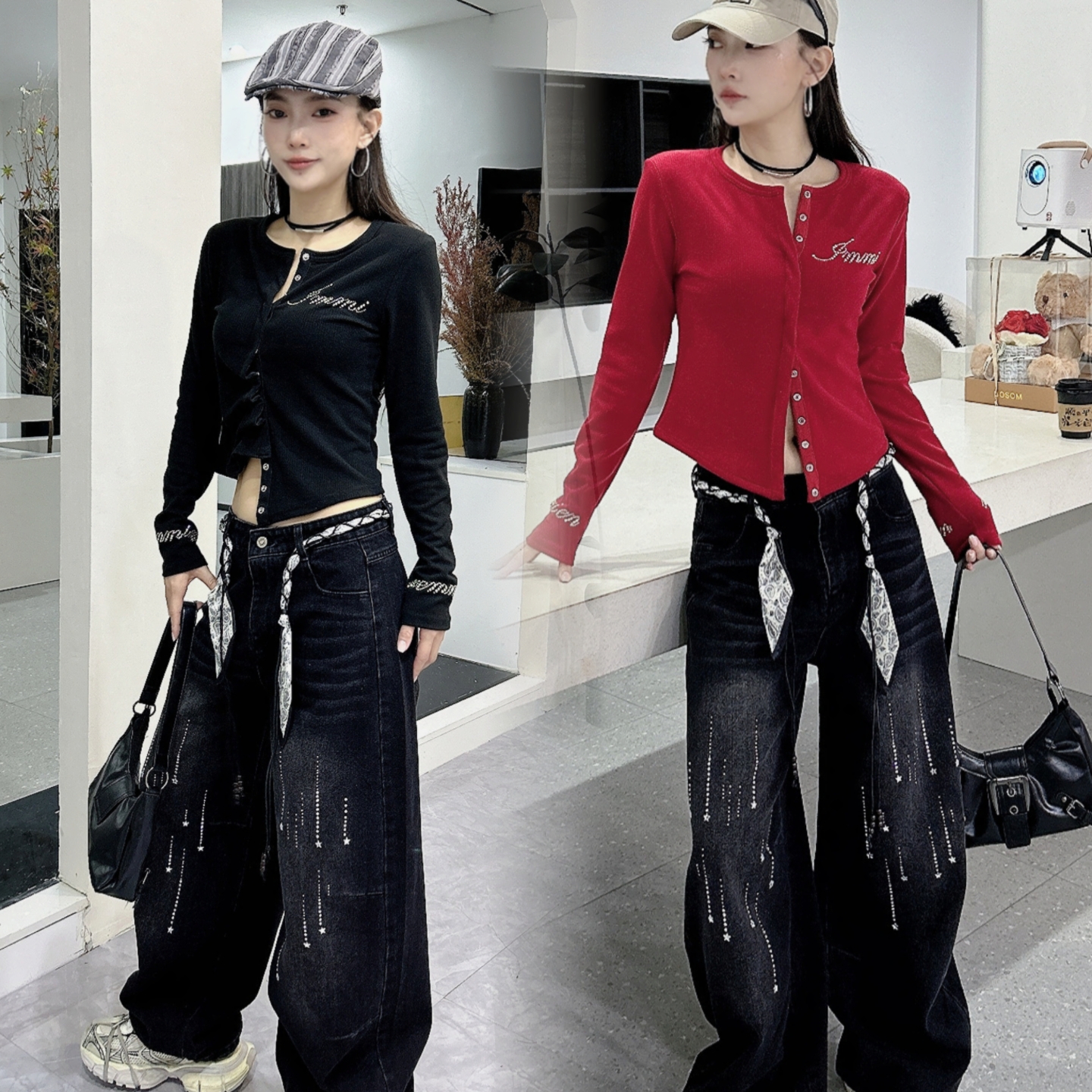 2025年秋冬新款修身磨毛长袖街舞爵士迷彩烫钻牛仔裤复合棉曳步舞