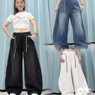 秋冬新款曳步舞长牛仔棉裤烫钻街舞爵士亮晶晶棉宽松时尚男女同款