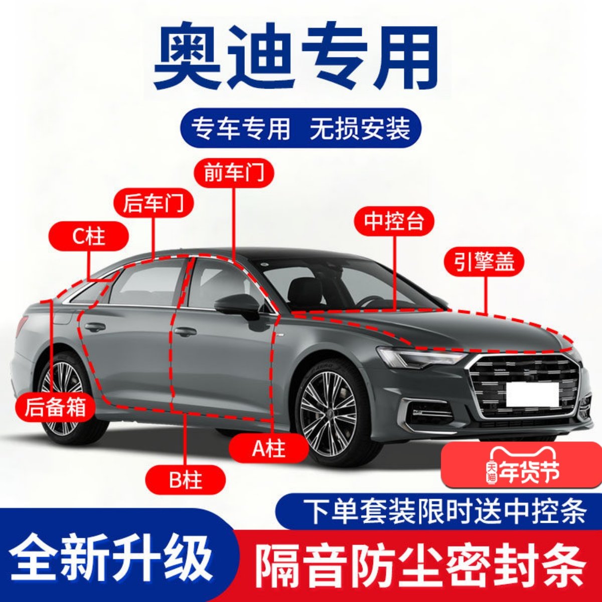 奥迪A4L Q5L A6L A3 Q5汽车B柱C柱中控台车门隔音密封条门缝胶条