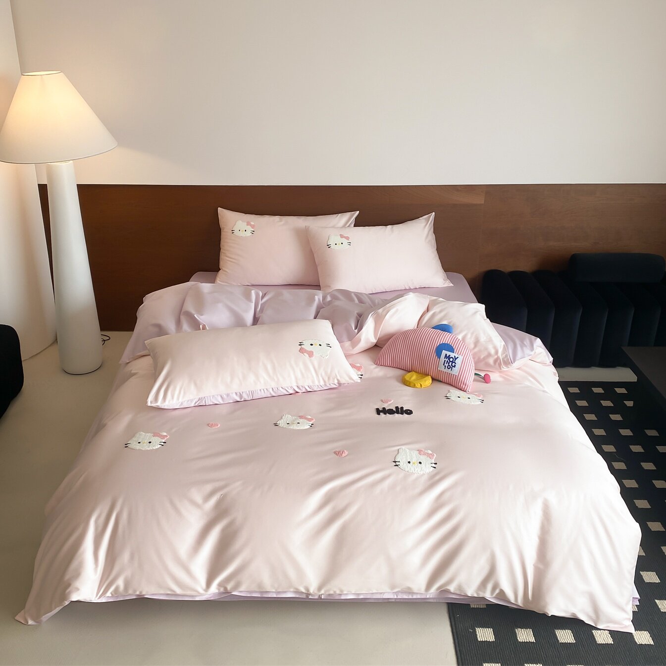 少女心100Pro高级感全棉四件套KT猫刺绣纯棉床单被套儿童三件套粉
