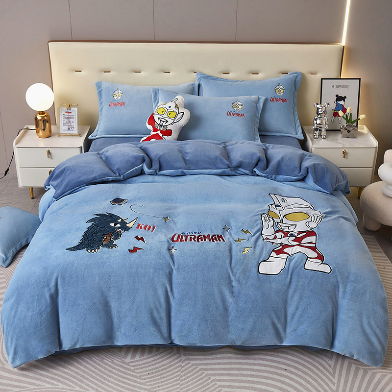 奥特曼加厚绵羊绒牛奶绒四件套珊瑚绒刺绣被套床单可爱儿童三件套