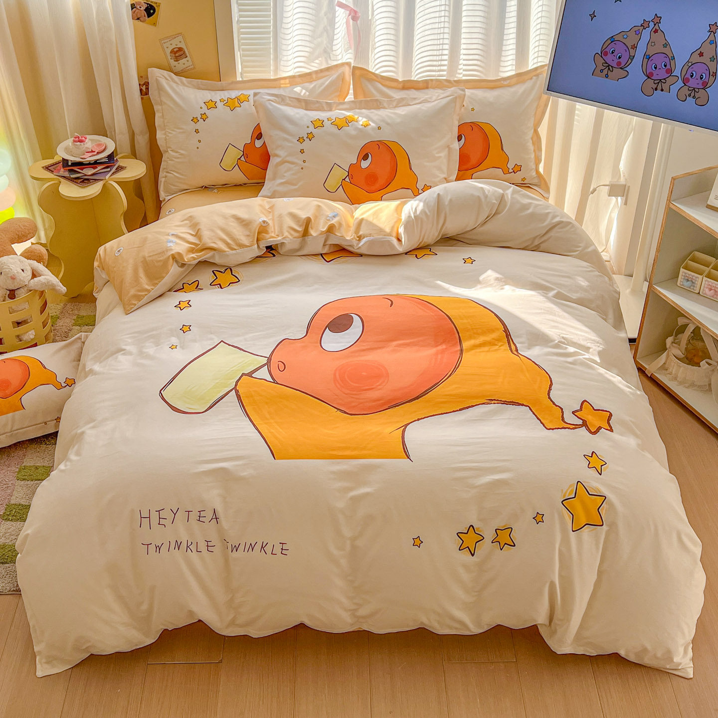 星星人60支纯棉床上四件套可爱全棉被套初中生床单三件套儿童卡通