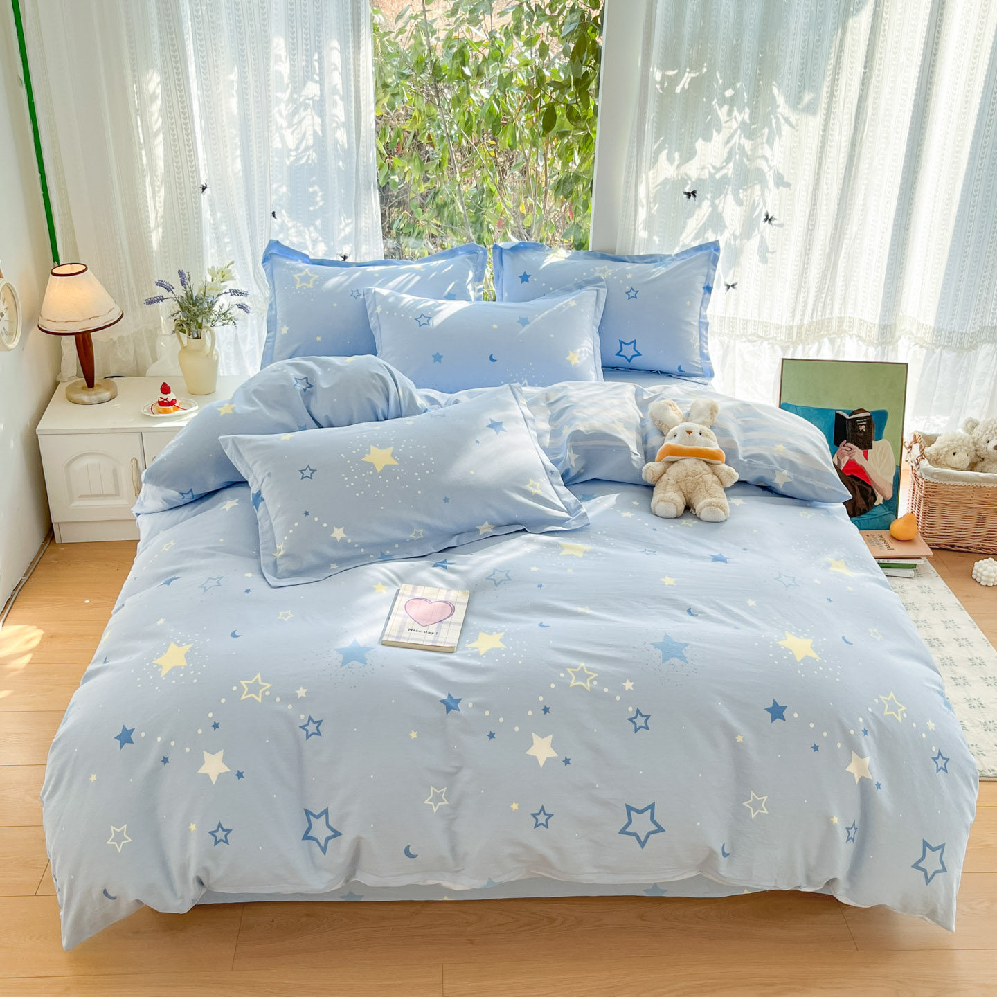 蓝色星星60支纯棉床上四件套全棉男孩床品被套学生宿舍床单三件套