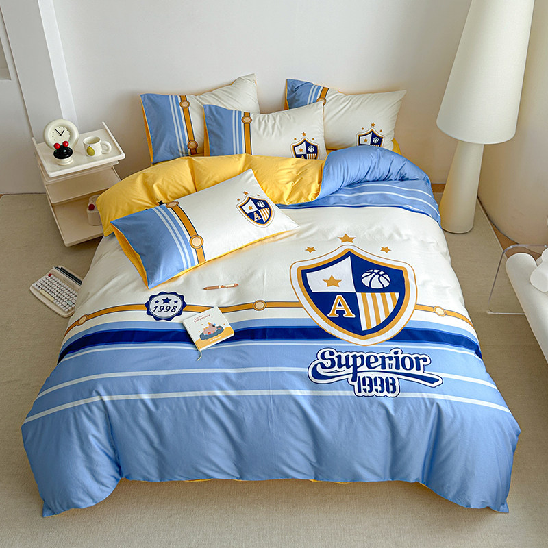 A类60支纯棉四件套男孩英伦风足球全棉儿童卡通床单人三件套被套