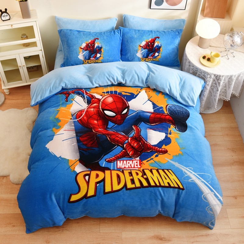 蜘蛛侠牛奶绒四件套冬季加厚珊瑚绒被套床笠男孩保暖床单三件套