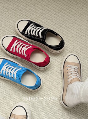 黑色帆布鞋女2026新款百搭春薄款低帮学生可爱圆头大头鞋平底板鞋